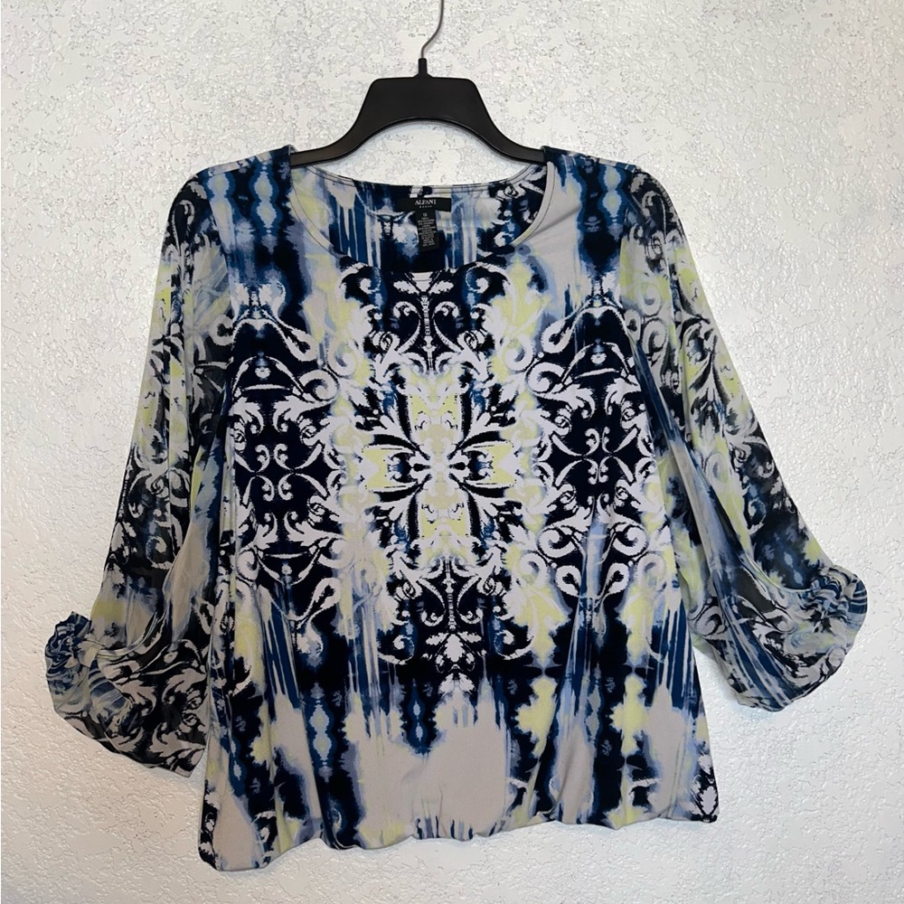 Alfani Women’s Top Plus Size 1XL Multicolor Blue & Yellow Balloon Sleeves